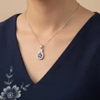 model wearing 6mm round amethyst with cubic zirconia silver pendant