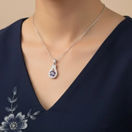 model wearing 6mm round amethyst with cubic zirconia silver pendant