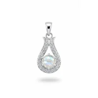 6mm round rainbow moonstone with cubic zirconia silver pendant
