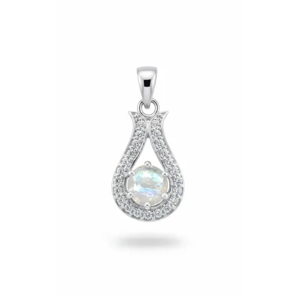 6mm round rainbow moonstone with cubic zirconia silver pendant
