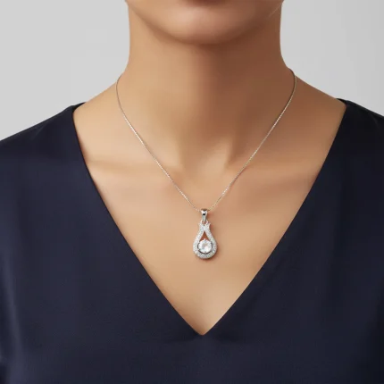 model wearing 6mm round rainbow moonstone with cubic zirconia silver pendant