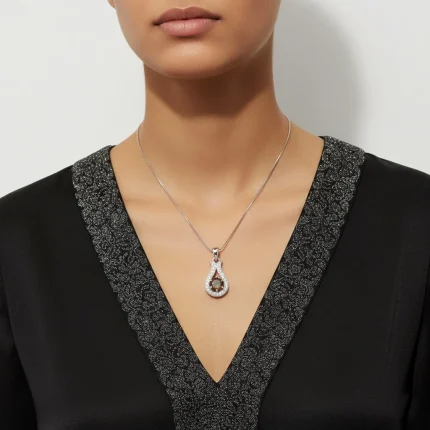 model wearing 6mm round smoky quartz with cubic zirconia silver pendant