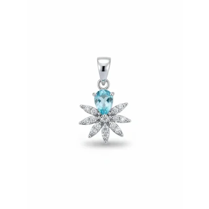 5x7 mm pear shaped blue topaz with cubic zirconia silver flower pendant