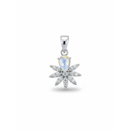 5x7 mm pear shaped rainbow moonstone with cubic zirconia silver flower pendant