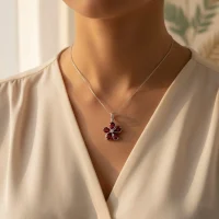model wearing garnet silver pendant with cubic zirconia