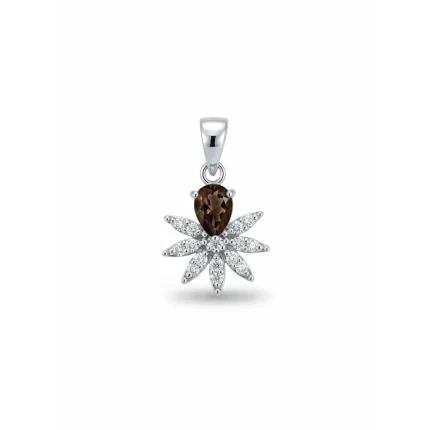 5x7 mm pear shaped smoky quartz with cubic zirconia silver flower pendant