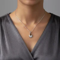 model wearing 5x7 mm pear shaped smoky quartz with cubic zirconia silver flower pendant