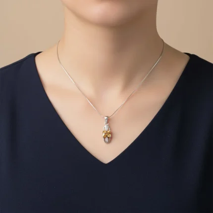 model wearing 5x7mm octagon shaped citrine with cubic zirconia silver pendant