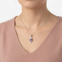 model wearing 5x7mm octagon shaped amethyst with cubic zirconia silver pendant