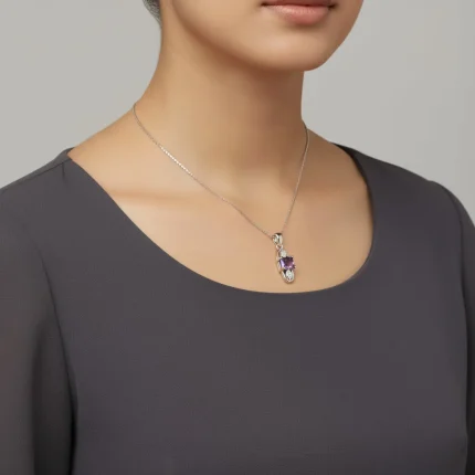 model wearing 5x7mm octagon shaped brazilian amethyst with cubic zirconia silver pendant