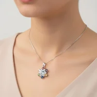 model wearing round flower shaped multi gemstone silver pendant with cubic zirconia