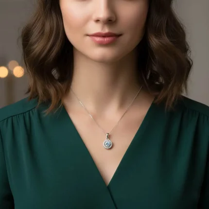 model wearing round shaped 6mm cluster silver pendant with cubic zirconia