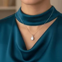 model wearing silver pendant single piece 7x9mm oval cubic zirconia