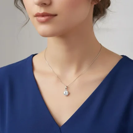 model wearing single piece 8mm silver pendant cubic zirconia
