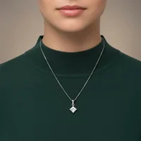 model wearing single piece 6mm square silver pendant cubic zirconia