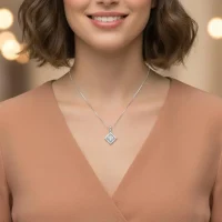 model wearing square shaped 5mm cluster silver pendant with cubic zirconia