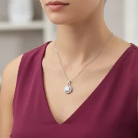 model wearing silver pendant cluster 8mm round cubic zirconia
