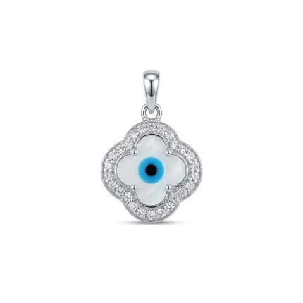 silver pendant with 10mm clover shaped cluster evil eye