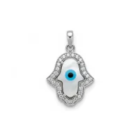 silver pendant with 9x13mm hamsa shaped cluster evil eye