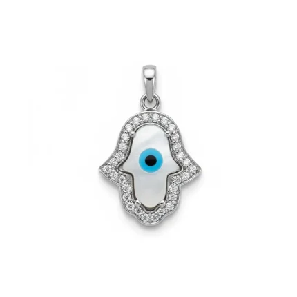silver pendant with 9x13mm hamsa shaped cluster evil eye