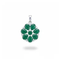 silver pendant flower shaped with green onyx and cubic zirconia