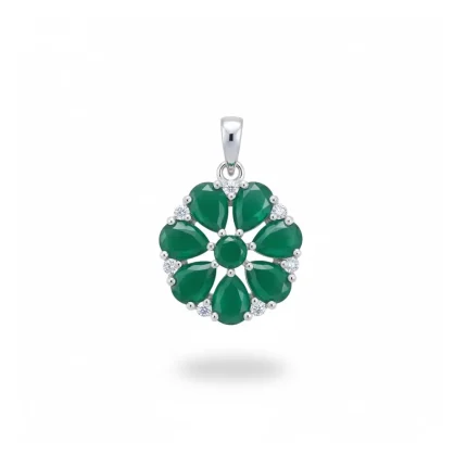 silver pendant flower shaped with green onyx and cubic zirconia