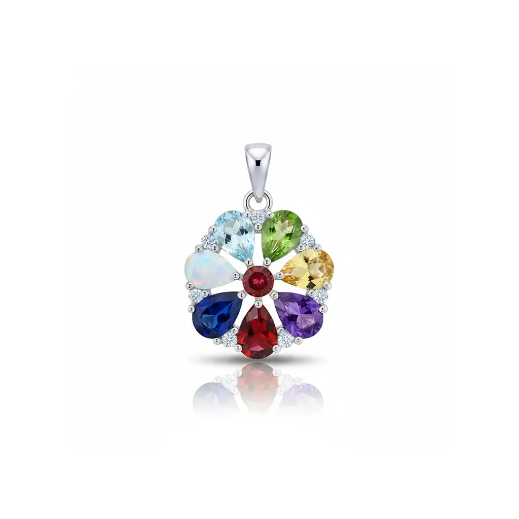 pendant gemstone with cubic zirconia 8e multi gemstone a silver pendant flower shaped with multi gemstone and cubic zirconia
