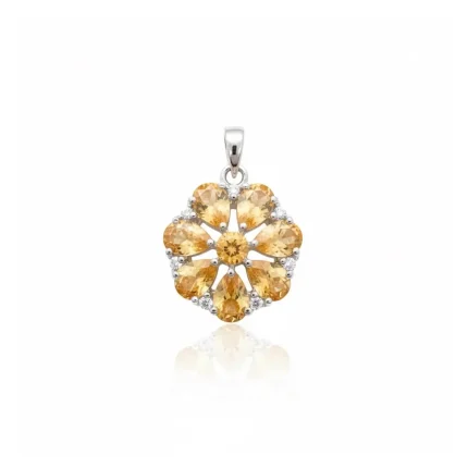 silver pendant flower shaped with citrine and cubic zirconia