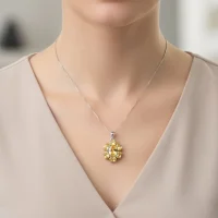 model wearing silver pendant with 7x9 mm & 6x4 mm oval citrine