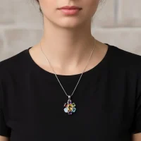 model wearing silver pendant with 7x9 mm & 6x4 mm oval multi gemstone