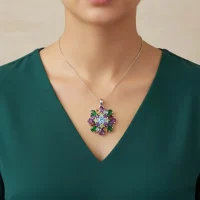 model wearing silver pendant round shaped with different shape multi gemstone