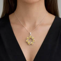 model wearing silver pendant round shaped with 6mm round citrine