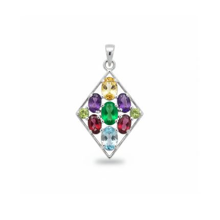 silver pendant rhombus shaped with different shape multi gemstone