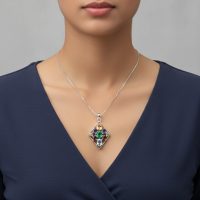 model wearing silver pendant rhombus shaped with different shape multi gemstone