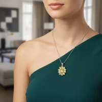 model wearing silver pendant flower shaped with citrine