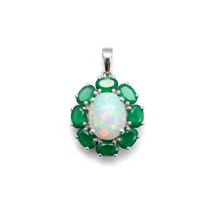 silver pendant with 10x12 mm oval opal and 6x4 mm green onyx gemstone