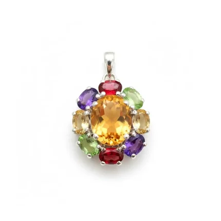 silver pendant with 10x12 mm oval citrine and 6x4 mm multi gemstone