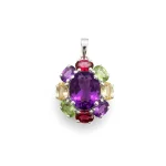 silver pendant with 10x12 mm oval amethyst and 6x4 mm multi gemstone