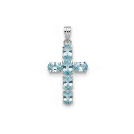 silver pendant cross design with 4x6mm oval blue topaz
