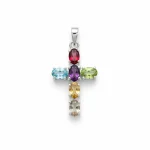 silver pendant cross design with 4x6mm oval multi gemstone