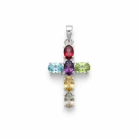 silver pendant cross design with 4x6mm oval multi gemstone