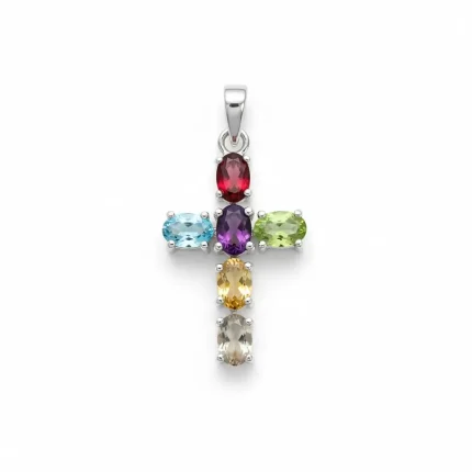 silver pendant cross design with 4x6mm oval multi gemstone