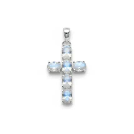 silver pendant cross design with 4x6mm oval rainbow moonstone