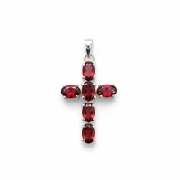 silver pendant cross design with 4x6mm oval garnet