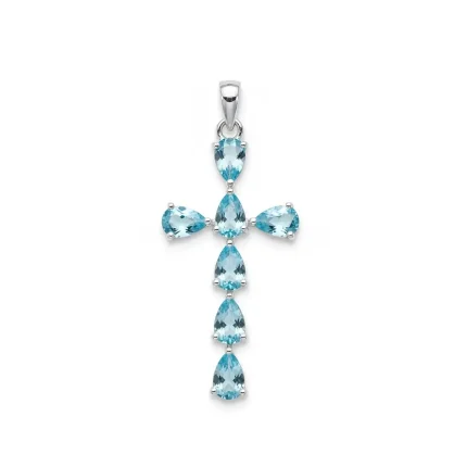 silver pendant cross design with 4x6mm pear blue topaz