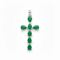 silver pendant cross design with 4x6mm pear green onyx
