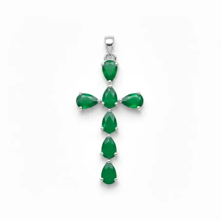 silver pendant cross design with 4x6mm pear green onyx