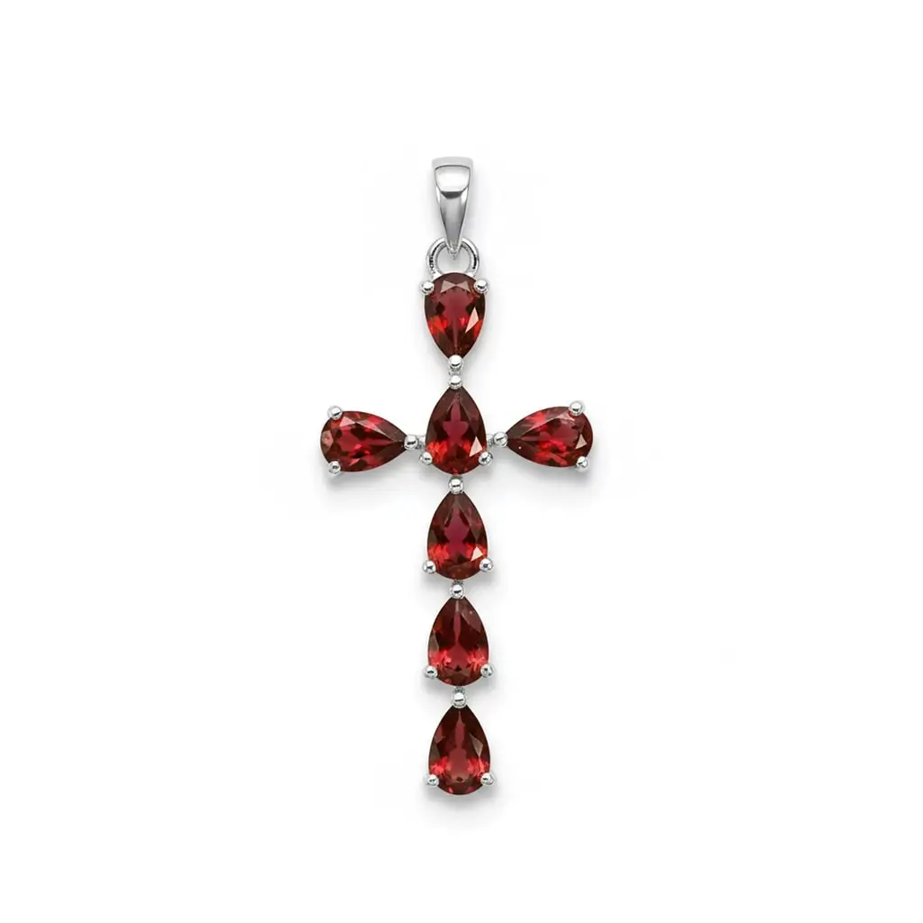 pendant gemstone cross 22e garnet a silver pendant cross design with 4x6mm pear garnet