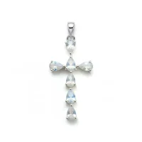 silver pendant cross design with 4x6mm pear rainbow moonstone