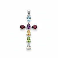 silver pendant cross design with 4x6mm pear multi gemstone